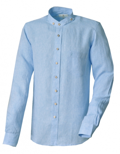 Trachtenhemd Wöllershof blau hellblau Langarm Slim Fit Stehkragen Leinen Almsach