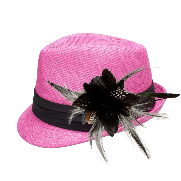 Trachten-Strohhut pink Feder-Clip schwarz