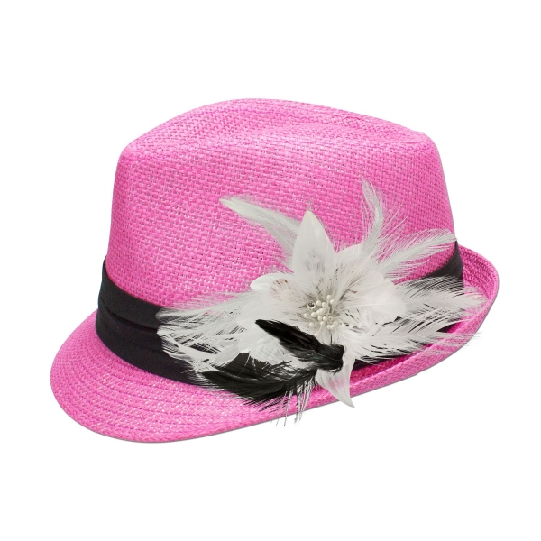 Trachten-Strohhut pink Feder-Clip weiß