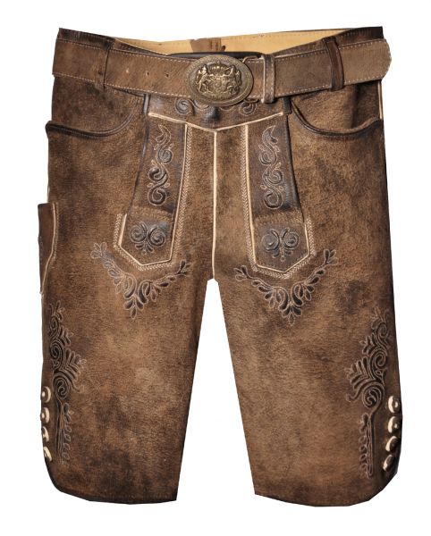 Lederhose Trachtenhose kurz Rolli dunkelbraun antik mit Gürtel Maddox