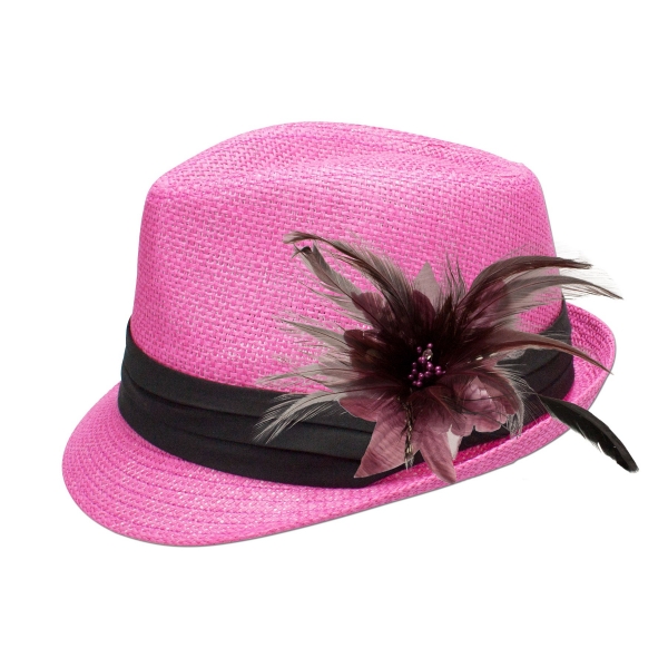 Trachten-Strohhut pink Feder-Clip helles lila