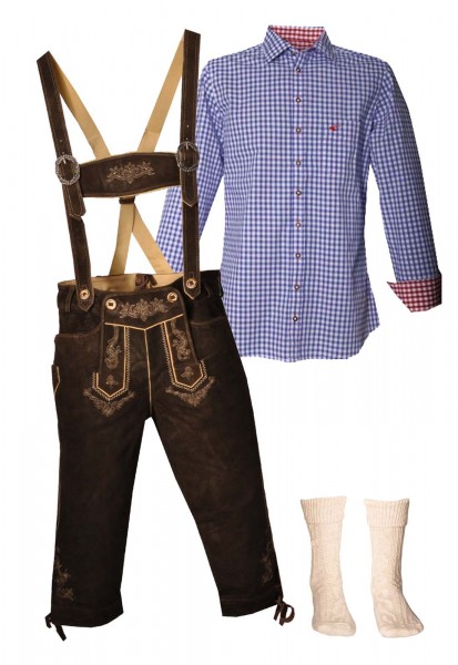 Trachtenlederhosen-Set 4-tlg. Kniebund urig antik von Stockerpoint mit blauem Hemd von OS Trachten