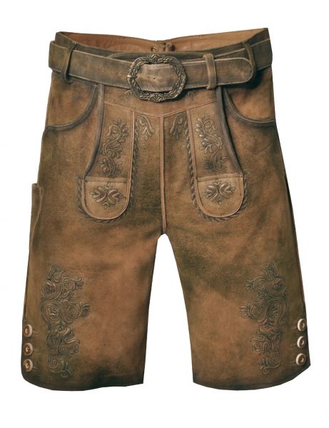 Lederhose kurz Wiesengrund braun erde / grün mit Gürtel Fuchs