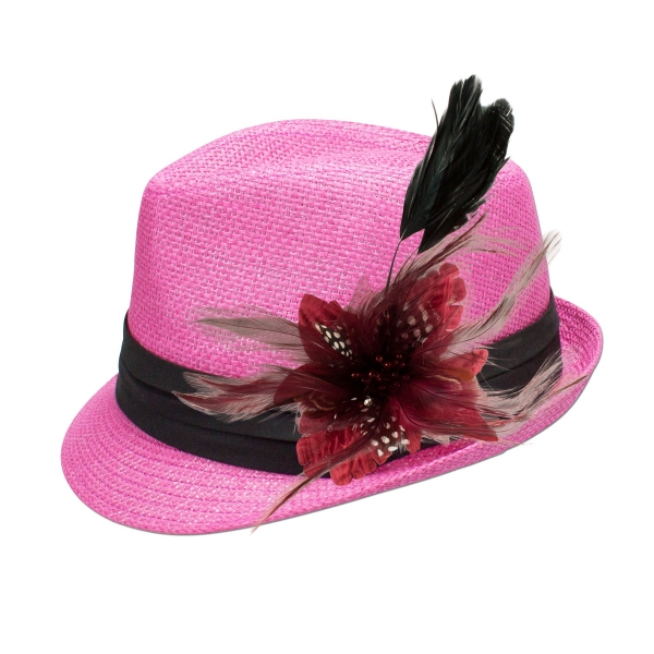 Trachten-Strohhut pink Feder-Clip dunkelrot