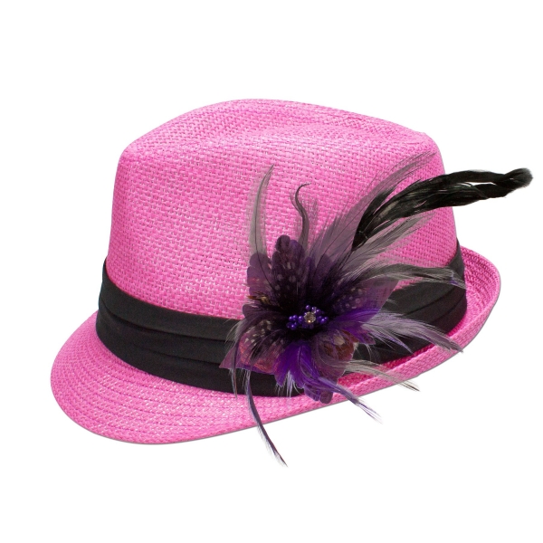 Trachten-Strohhut pink Feder-Clip lila