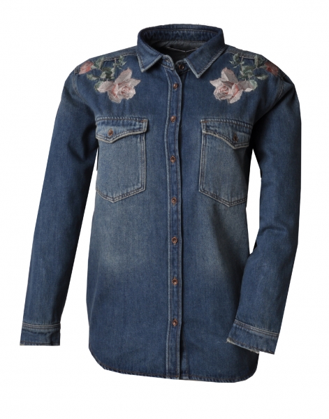 Trachtenbluse Jeansbluse Bluse Jeans Mavi dunkelblau mit Blumenstickerei