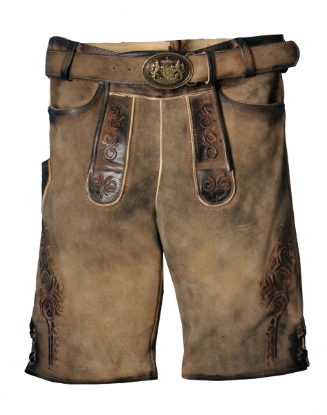 Lederhose Trachtenhose kurz Frieder zirbe braun Antik mit Gürtel Maddox