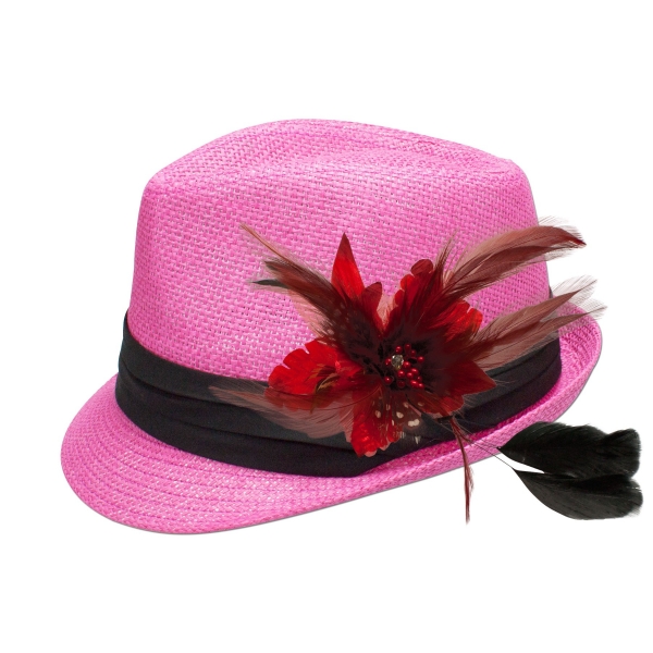 Trachten-Strohhut pink Feder-Clip rot
