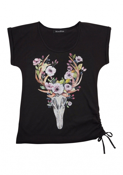 Trachten T-Shirt Mömbris schwarz Hirsch- und Blumenmotiv Mondkini