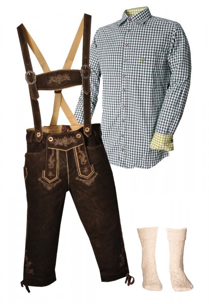Trachtenlederhosen-Set 4-tlg. Kniebund urig antik von Stockerpoint mit dunkelgrünem Hemd von OS Trac