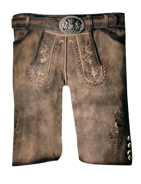 Lederhose Trachtenhose kurz Kochelsee braun smoke antik mit Gürtel Maddox