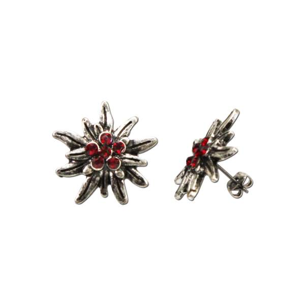 Trachten Ohrstecker Edelweiß rot Glitzersteine