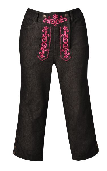 Trachtenjeans Kniebund 3/4 Hose Strüth schwarz pink Stickereien