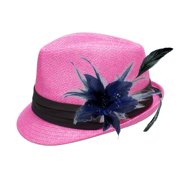 Trachten-Strohhut pink Feder-Clip blau Alpenflüstern