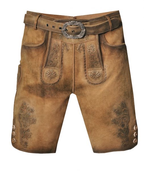 Lederhose kurz Wolfdobl braun erde / grün mit Gürtel Fuchs